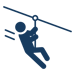 The image depicts a simplified icon of a person ziplining, characterized by a stick figure holding onto a cable with legs extended and a motion line suggesting speed.