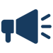 a simple, dark blue megaphone icon, often used to symbolize announcements, communication, or broadcasting messages.