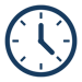 The image depicts a simple, stylized clock face with hour and minute hands, set against a solid background. The design is minimalist, using a dark blue color scheme.