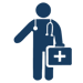 The image depicts a stylized figure representing a healthcare professional, characterized by a stethoscope around the neck and holding a medical bag with a cross symbol.