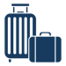 two pieces of luggage: a larger suitcase with a retractable handle and a smaller bag, both depicted in a simple, dark blue silhouette style.