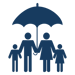 stylized graphic of a family consisting of two adults and two children standing together under a large umbrella.