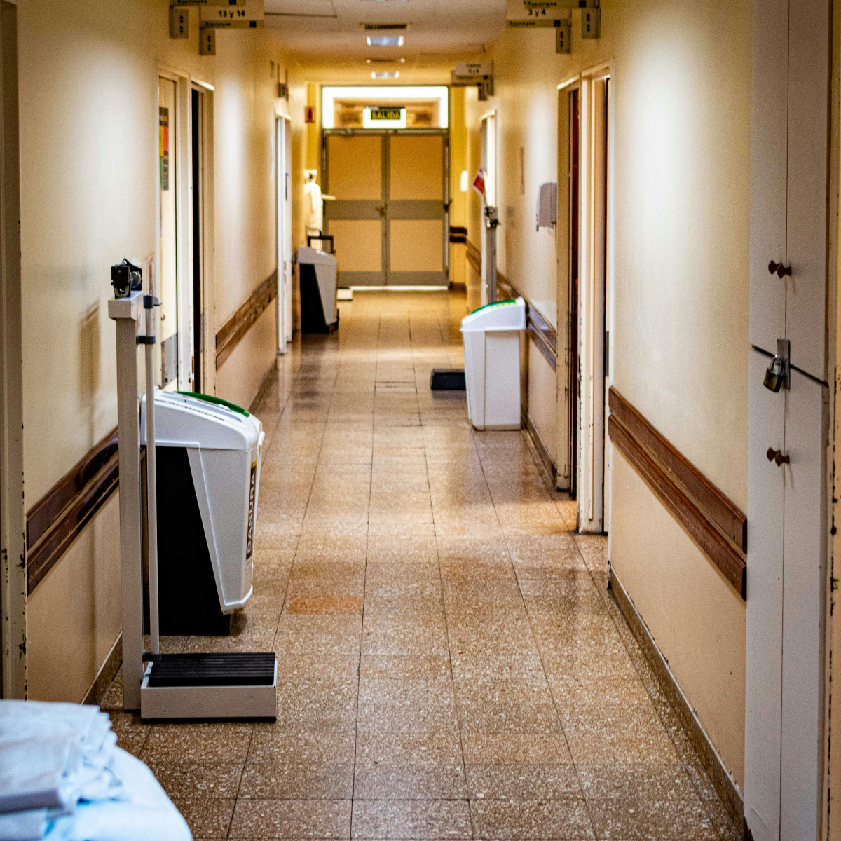 looking down a hospital hallway