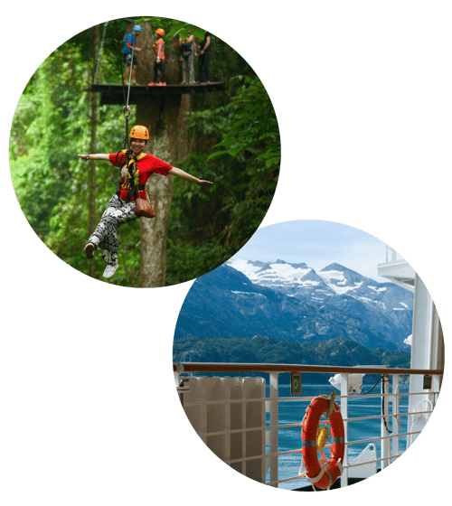 Two round photos - a woman on a zipline and a view from a cruise ship