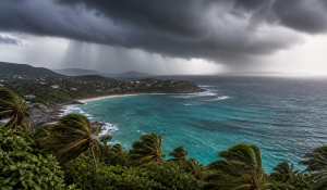 hurricane over a beach cover with turquoise waters, dark clouds and rain