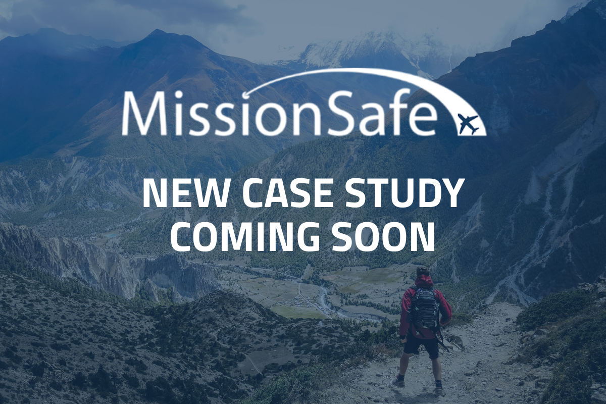 The image shows a mountainous landscape with a person hiking on a trail. Overlaid on the image is the text 'MissionSafe NEW CASE STUDY COMING SOON' along with the MissionSafe logo, which includes a plane graphic.